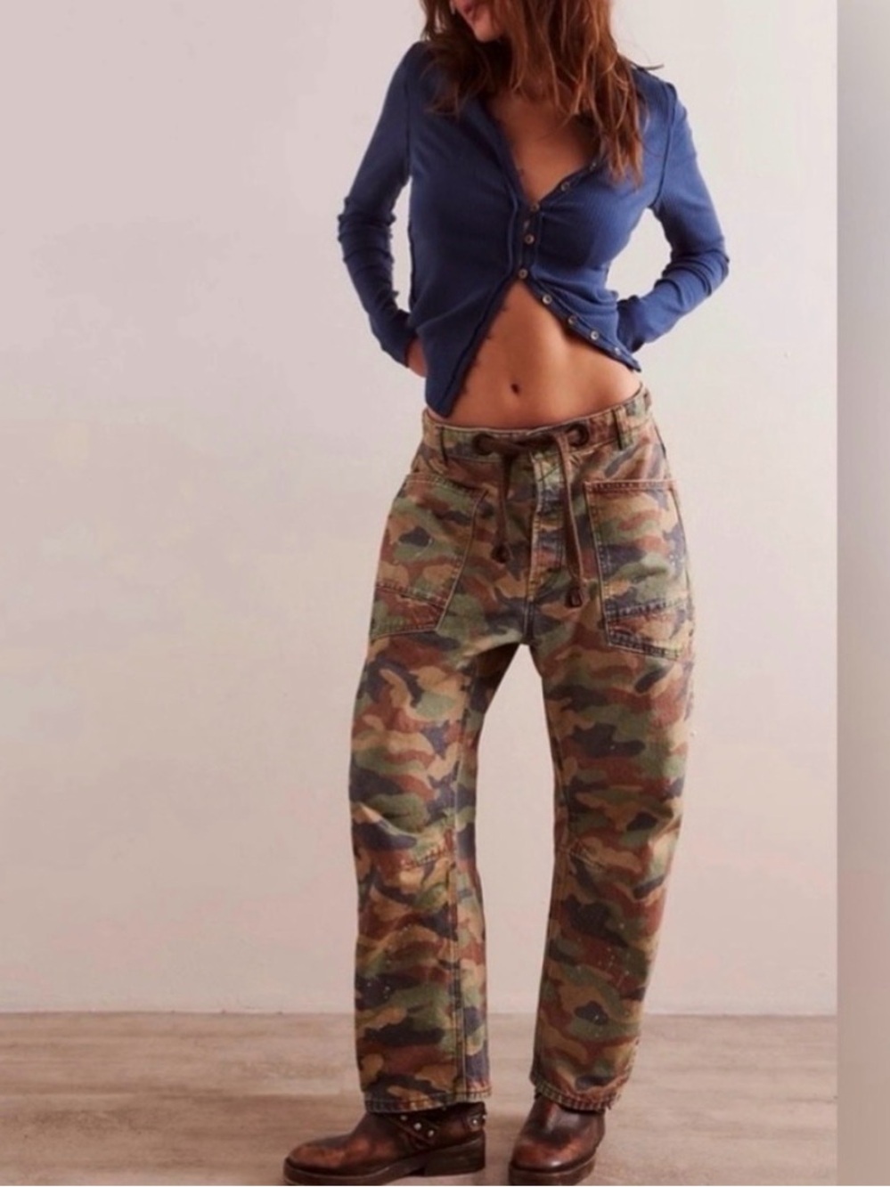 Free People Good Luck Printed Barrel Jeans Camo, SZ 30, NWOT